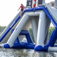 The child jumps off the Aquaglide El Jefe.