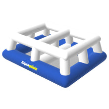 Inflatable pool toy with white grid design on a blue base, featuring the Aquaglide brand.