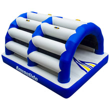 Inflatable water slide with blue and white design on a white background