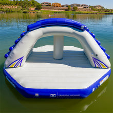 Inflatable pool toy with blue and white design on a lake