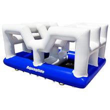 Inflatable water obstacle course with 'Aquaglide' branding on a white background