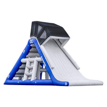 Inflatable water slide with blue and white design on a white background
