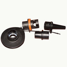 Set of black metal components on a white background