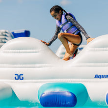 Child on an inflatable water toy with 'AG' branding in a pool setting