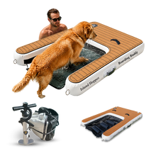 Island Hopper Island Boarding Buddy shown on a white background, with a golden retriever standing inside the water-filled center.