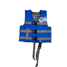 Blue life jacket with gray straps on a white background