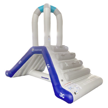 Inflatable pool slide with blue and white design on a white background