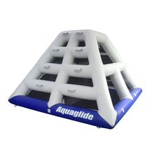 Inflatable water obstacle course with 'Aquaglide' branding on a white background