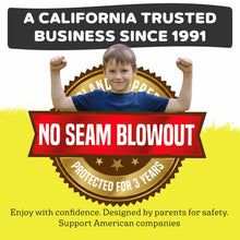Young boy flexing muscles with text about a California trusted business and product warranty.