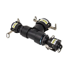 Black shock absorber with metal brackets on a white background
