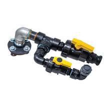 Pump control valve assembly with black and yellow components on a white background