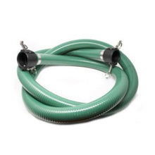 Green hose with metal connectors on a white background