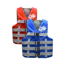 Two life vests, one red and one blue, on a white background.