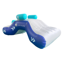 Inflatable pool toy with blue and white design on a white background
