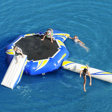 Aquaglide Rebound 20 Aquapark - With Slide & Log with people on a blue water background