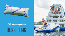 Aquaglide Blast Bag inflatable water toy with people on a water slide