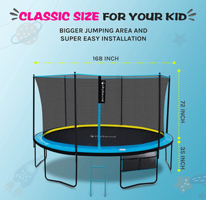 SkyBound SkyRise Straight Pole 14ft Trampoline With Enclosure Net in Blue