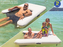 Island Hopper Island Boarding Buddy shown in a lake setting with multiple people using it, split into two panels: one with an adult and one with two children.