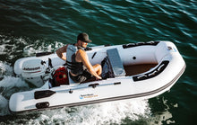 A white inflatable boat with a black outboard motor is being driven on dark blue water by a man wearing a black cap and life vest. 