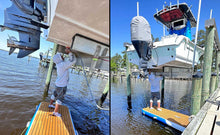 Person is using a Island Hopper Mini Mate Inflatable Boat Dock for cleaning the boat