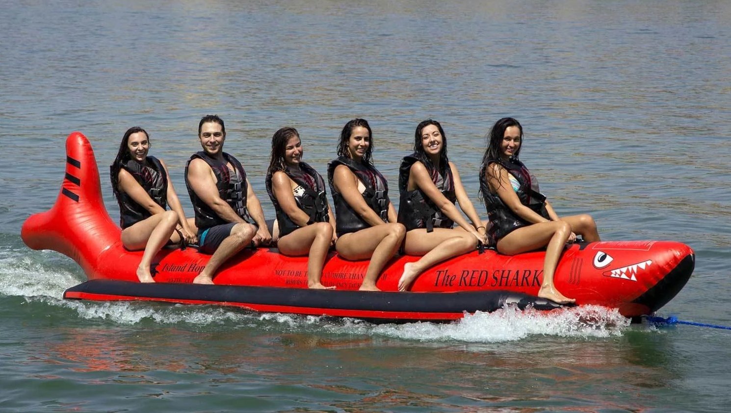 Bouncy Trampolines - Island Hopper Red Shark Banana Boat 6